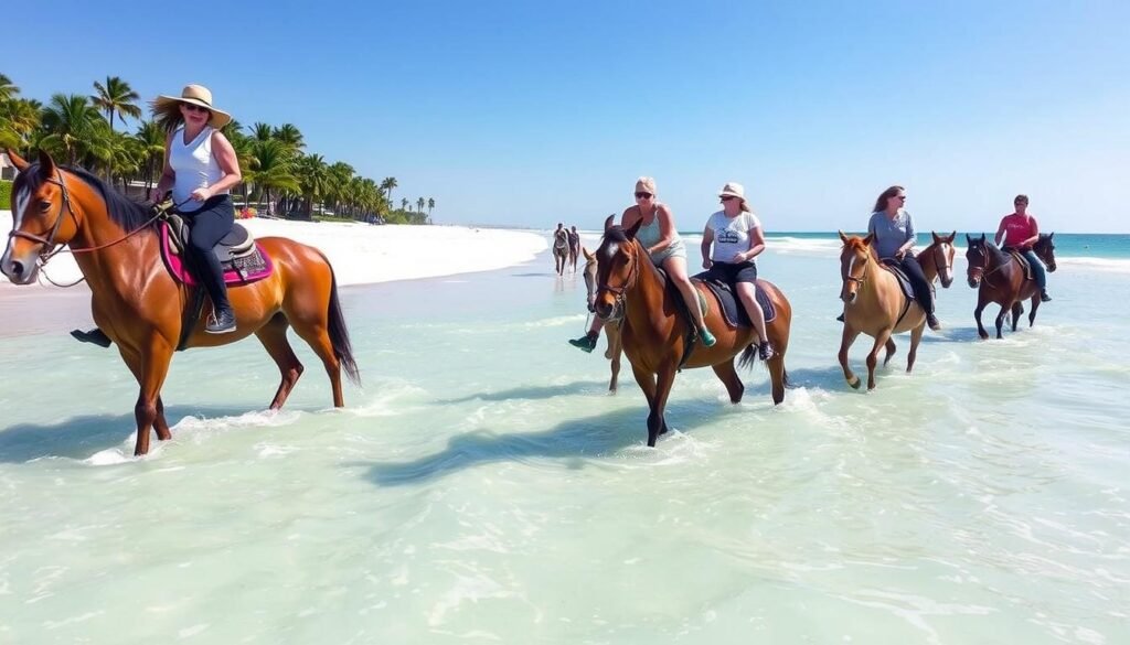Horseback riding on a beach in Florida with horses in shallow water Riding Vacations for Beginners