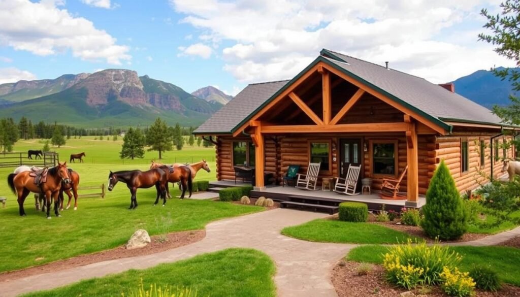 Luxury ranch accommodation with horses grazing in the background
